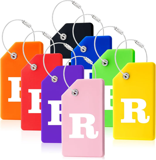 8 Pcs Luggage Tags for Suitcases, 26 Initial Letter Travel Luggage Baggage Identification Labels ID Tags Fully Bendable Tags with Stainless Steel Loop (Letter R, Colorful)