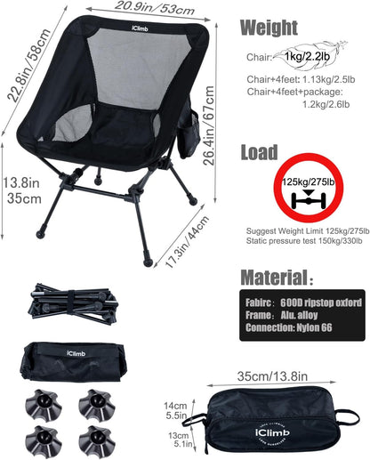 iClimb Ultralight Compact Camping Folding Beach Chair with Anti-Sinking Large Feet