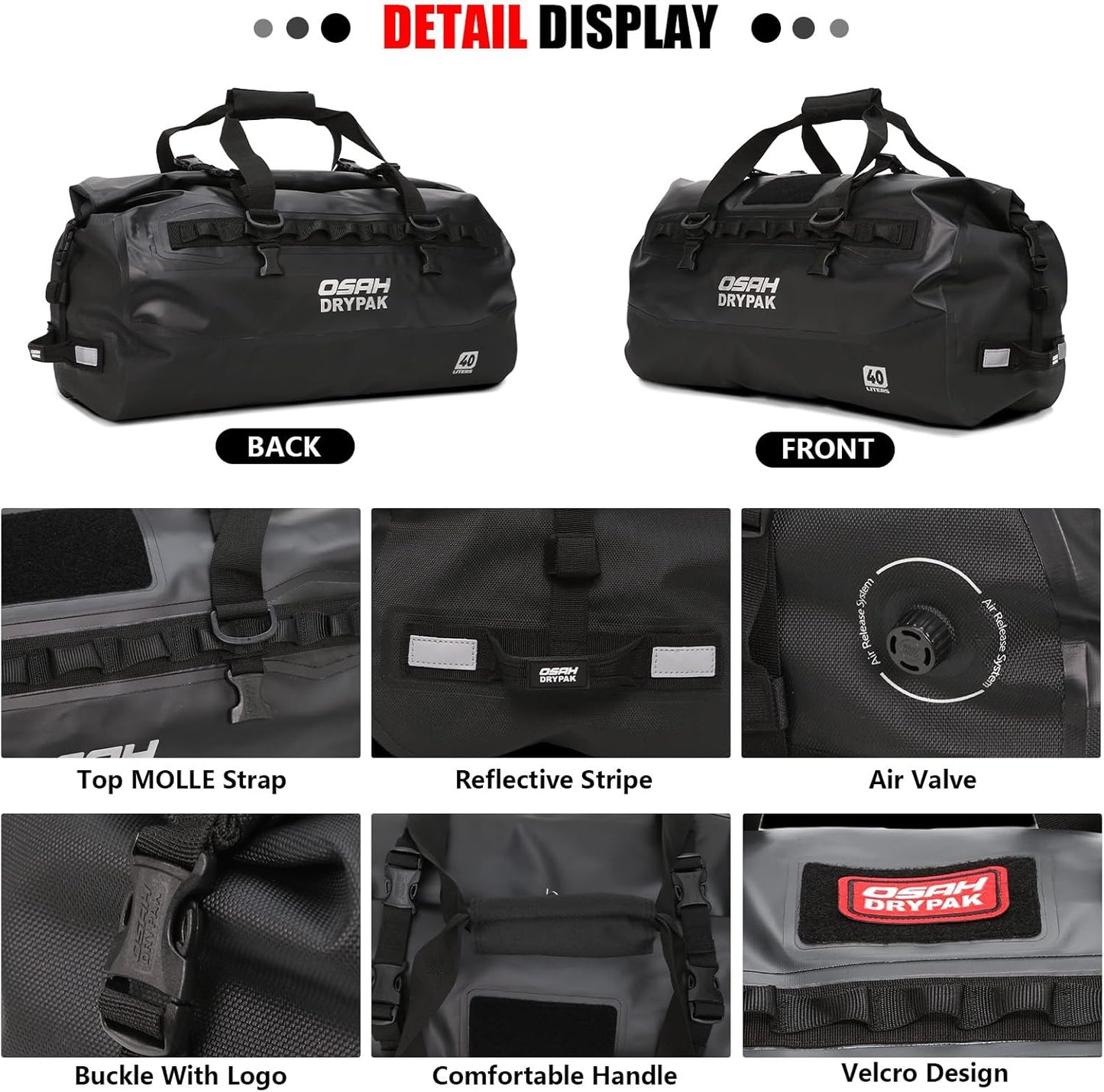 Waterproof Duffel Bag - Motorcycle Dry Bag 40L Tail Bag with Large Storage Space, Waterproof Duffle Bags with Outer Mesh Zipper Pocket for Camping, Kayaking, Fishing & Traveling-Black