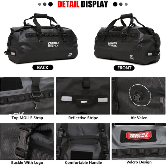 Waterproof Duffel Bag - Motorcycle Dry Bag 40L Tail Bag with Large Storage Space, Waterproof Duffle Bags with Outer Mesh Zipper Pocket for Camping, Kayaking, Fishing & Traveling-Green