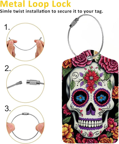 Skull Flower Diamond Art Luggage Tags for Suitcases,2 Pack Luggage Tag, Leather Stainless Steel Loop Label Tag for Women Girl Travel Bag Suitcase
