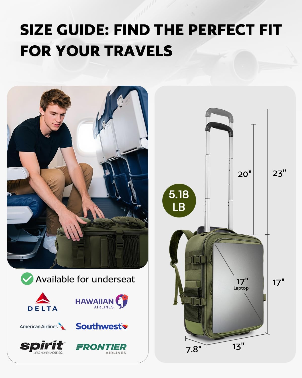 Rolling Tactical Laptop Backpack, Underseat Travel Backpack with Wheels, 17 Inch Wheeled Military Computer Backpack for Men and Women, Roller Overnight Molle Outdoor Hiking College Carry on Luggage