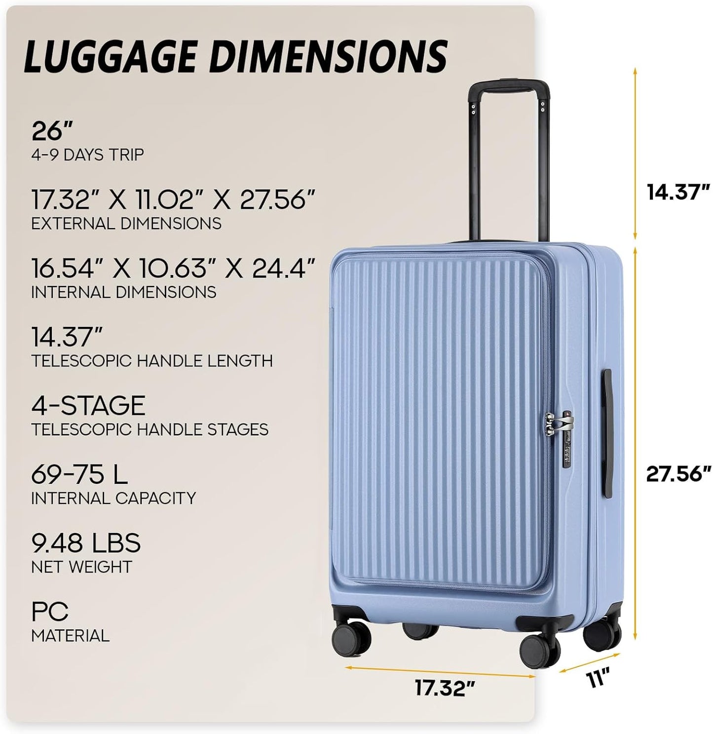 26 Inch Top Opening Checked Travel Luggage Expandable with Spinner Wheels,All PC Hard Shell Hardside Lightweight Medium Suitcase with TSA Approved Cup Holder for Business Trips Woman Men,Blue