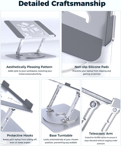 Adjustable Laptop Stand for Desk - Portable Laptop Riser with Rotating Base, Foldable Aluminum Computer Stand, Ergonomic Laptop Holder for MacBook Pro/Air Dell HP Lenovo Notebook up to 16" (Silver)
