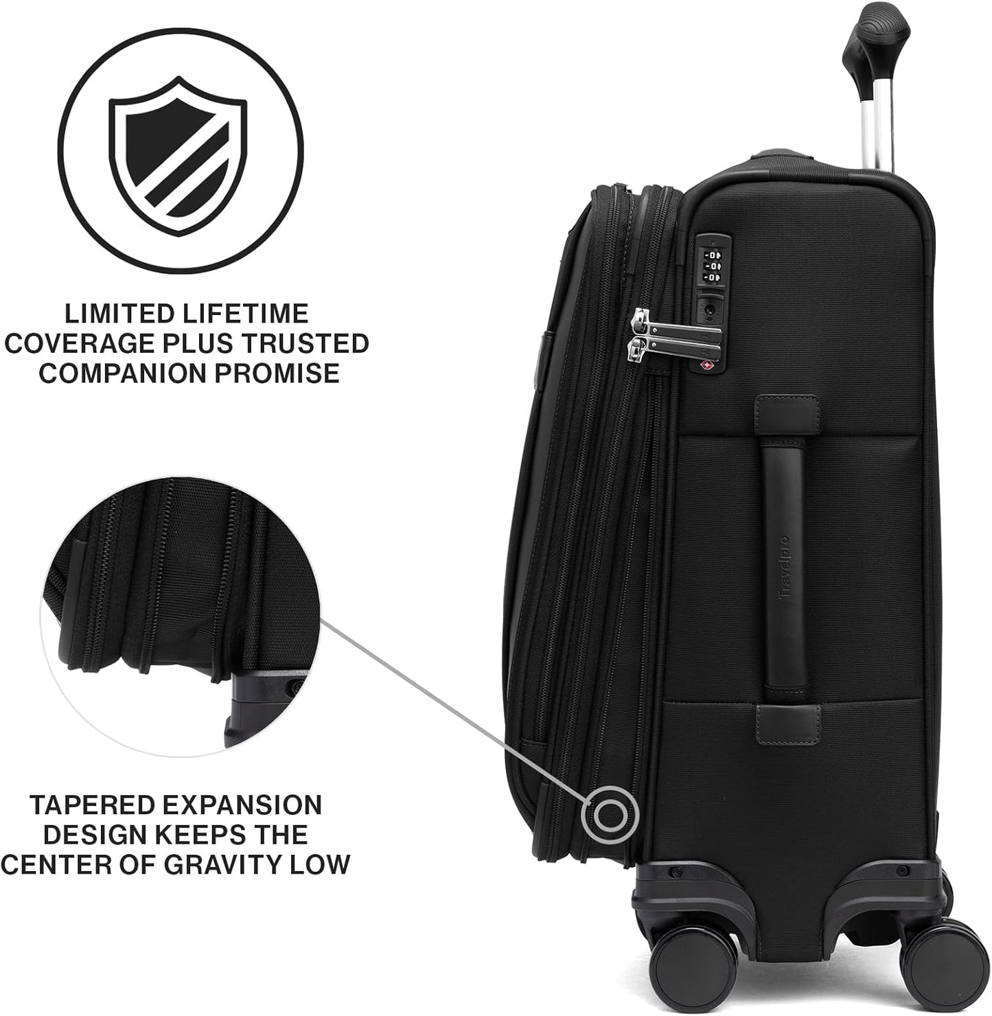Travelpro VersaPack+ Lightweight Softside Expandable Carry on Luggage, 8 Spinner Suitcase, TSA Lock, Men and Women, Carry On 21-Inch, Black