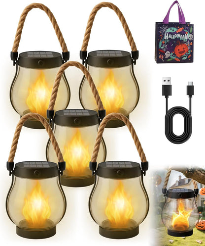 Kaliqo Solar Lantern Outdoor Lights - Official, Waterproof Kaliqo Solar Flame Lights Hangable with Dancing Flame, Hemp Rope Hanging Flame Lanterns,Dual Charging Modes, Smokeless (5pack)