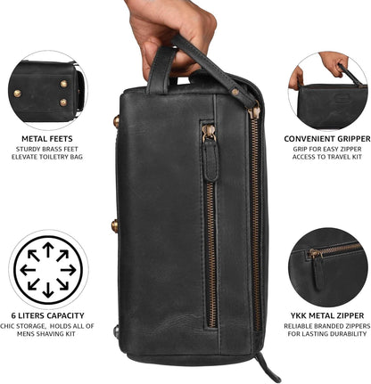 LEATHER VILLAGE Premium Leather Travel Toiletry Bag - Unisex Water-Resistant Travel Dopp Kit, Shaving & Cosmetic Organizer for Men & Women - Compact Bathroom Essentials - Distressed Black