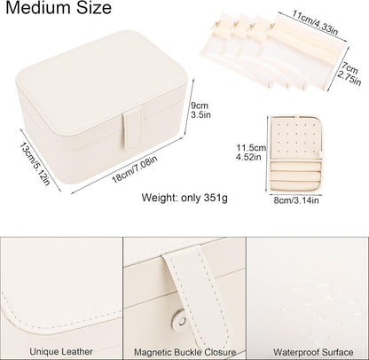 2 Layer Portable Jewelry Box, Large Jewelry Travel Case with 4 Jewelry Pouches, Medium Size Jewelry Organizer Box for Earrings, Necklaces, Bracelets (beige)