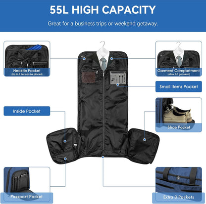 Large Garment Bag for Travel, Bukere Convertible Suit Travel Garment Duffel Bag for Men Women Business, Shoe Compartment, Detachable Shoulder Strap, Multi-Function 2 in 1 Weekender Bag, Blue