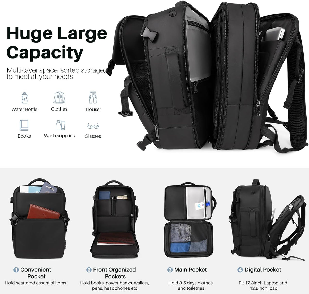 Travel Backpack Carry On Flight Approved, Lightweight Large Travel Backpack, Expandable with USB Charging Hole, Waterproof Causal Bookbag for Travel Work College Fits 17 inch Laptop, Black
