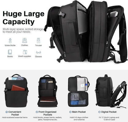 Travel Backpack Carry On Flight Approved, Lightweight Large Travel Backpack, Expandable with USB Charging Hole, Waterproof Causal Bookbag for Travel Work College Fits 17 inch Laptop, Black