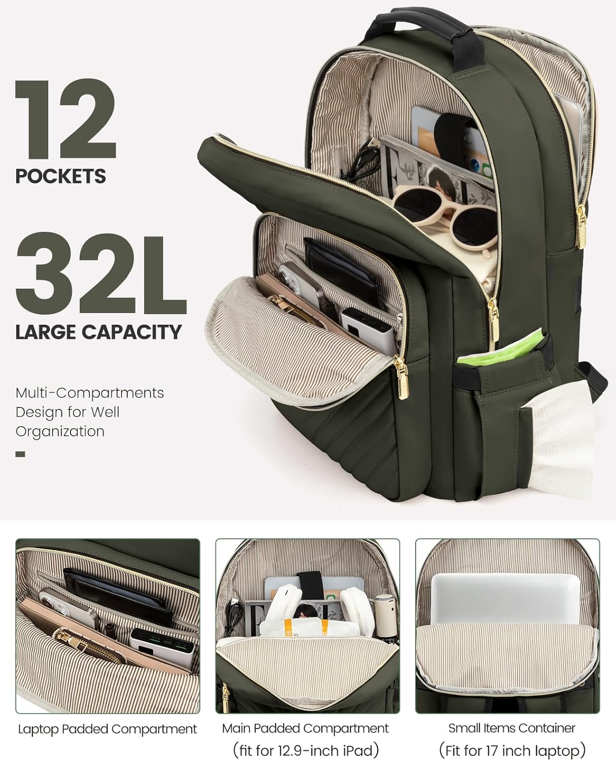 LOVEVOOK Laptop Backpack for Women, Travel Computer Work Bags with 17-inch Laptop Compartment, College School Student Bag Teen Backpacks For Girls, Outdoor Carry On Backpack Purse, Army Green