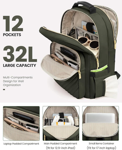 LOVEVOOK Laptop Backpack for Women, Travel Computer Work Bags with 17-inch Laptop Compartment, College School Student Bag Teen Backpacks For Girls, Outdoor Carry On Backpack Purse, Army Green