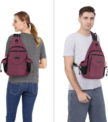 MOSISO Sling Backpack,Canvas Crossbody Hiking Daypack Bag with Anti-theft Pocket, Wine Red
