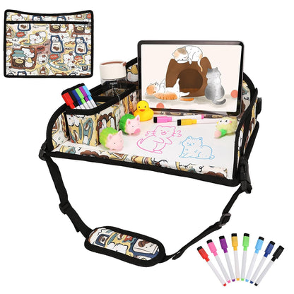 Kids Travel Tray for Airplane - Toddler Car Seat Table Tray, Road Trip Essentials for Boys & Girls, Carseat Lap Desk for Kids Road Trip Activities, Cute Kitten