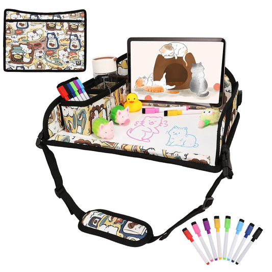 Kids Travel Tray for Airplane - Toddler Car Seat Table Tray, Road Trip Essentials for Boys & Girls, Carseat Lap Desk for Kids Road Trip Activities, Cute Kitten