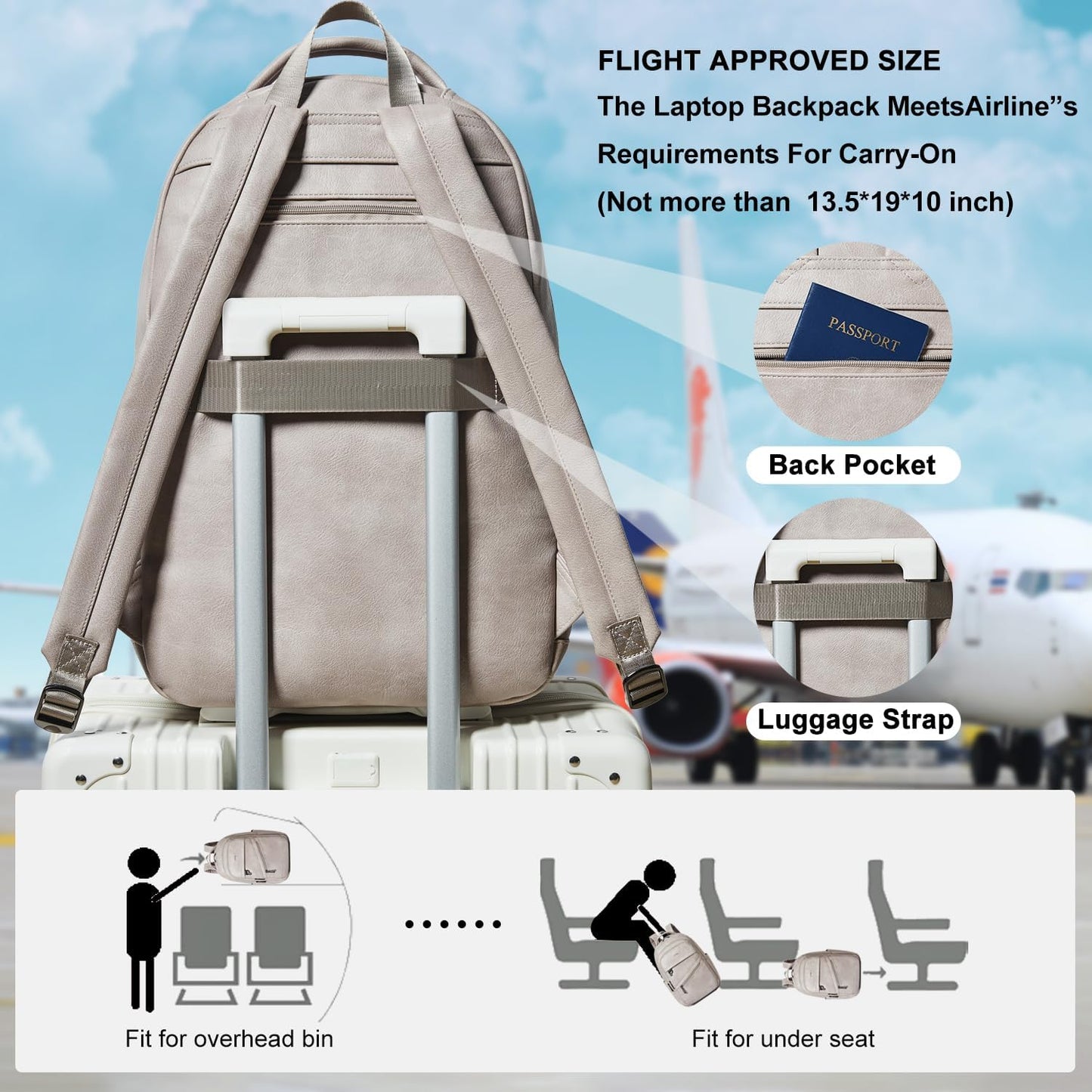 43L Backpack for Women Men - Vegan Leather Backpack Purse Travel Carry-on Bag College Bookbag Work fits 17" Laptop,Ash Gray Retro