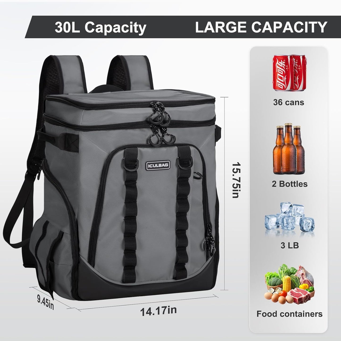 Beach Cooler Backpack for Men 36cans Insulated Backpack Cooler Lunch Bag for Women Camping Hiking Picnic Travel for 18 Hours Cooling 30L