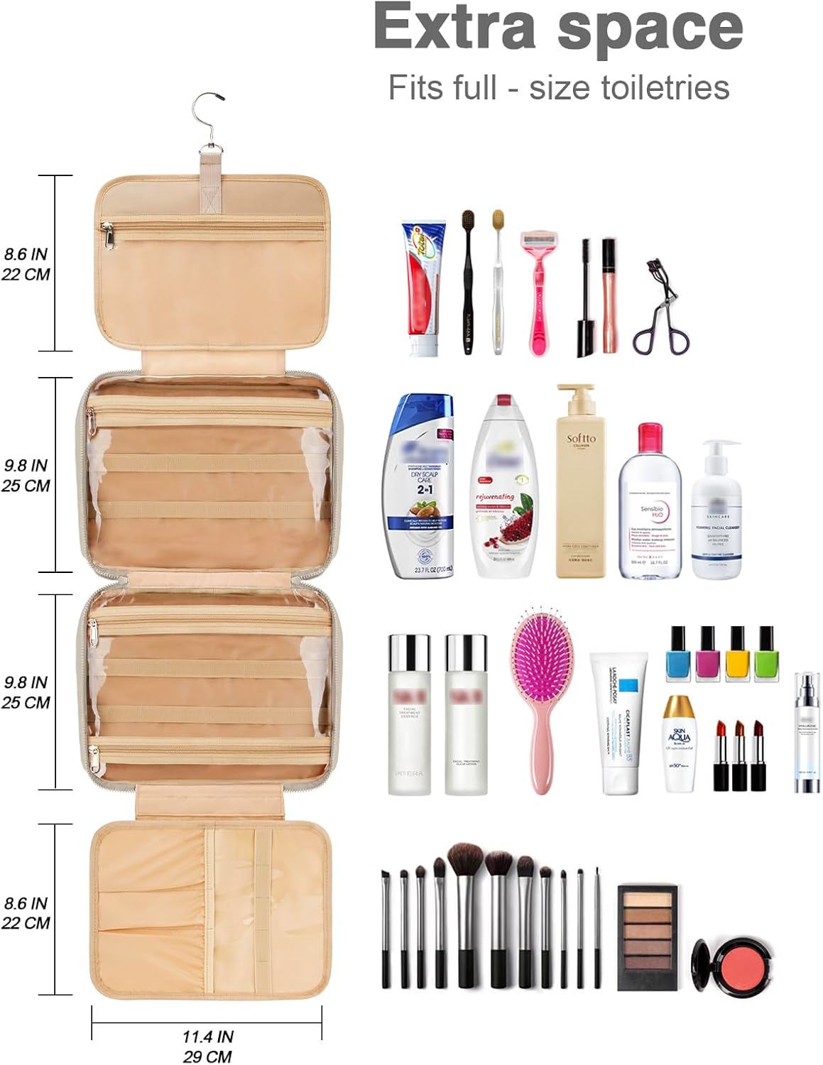 Women's Hanging Toiletry Bag, Waterproof Travel Cosmetic Organizer with Jewelry Storage, Large Capacity Makeup Case for Full-Size Skincare & Bathroom Essentials, Portable Cosmetic kit, Khaki