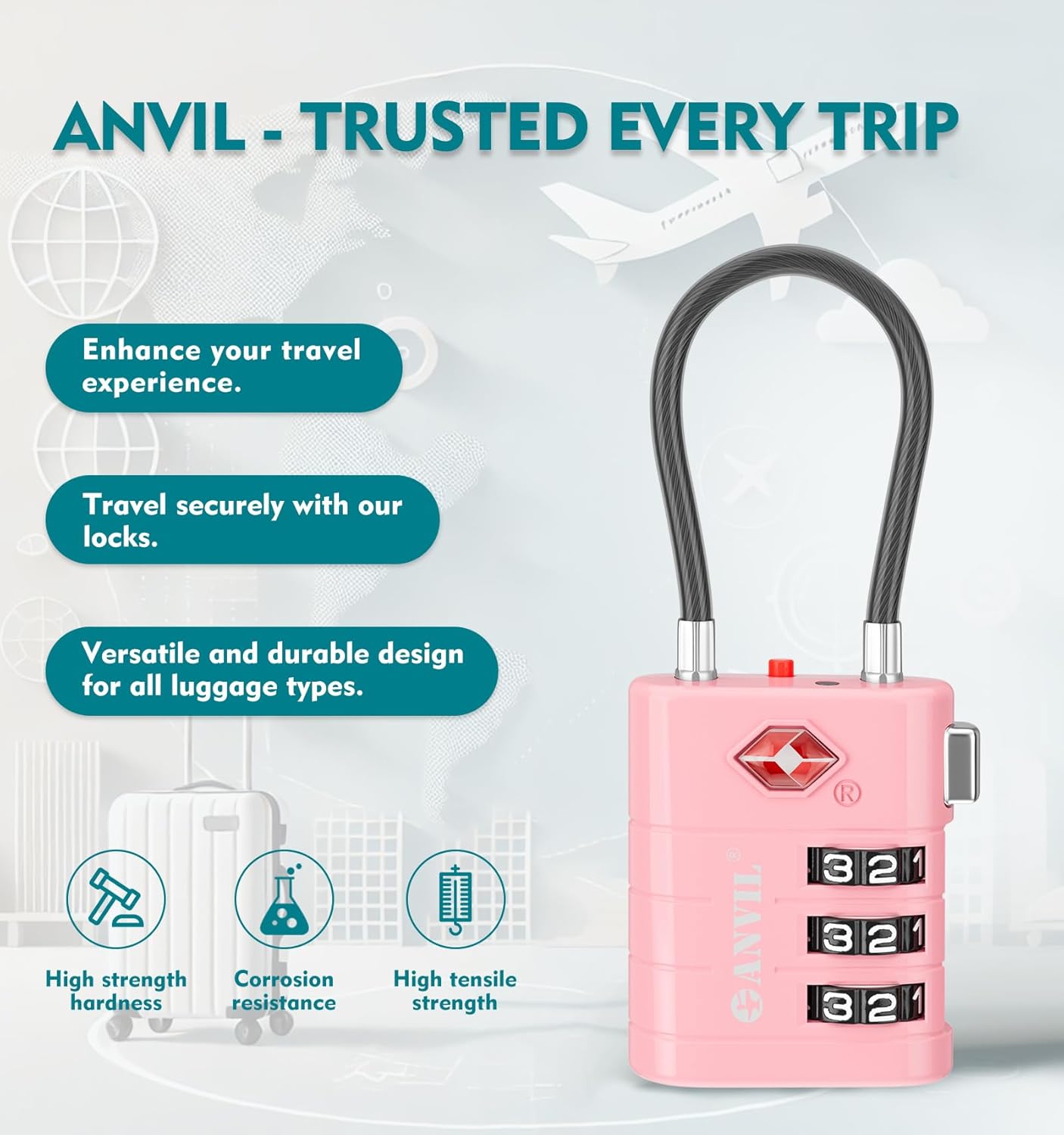 ANVIL TSA Approved Luggage Locks – High Security TSA008 Combination Travel Locks with Inspection Indicator for Suitcases and Backpacks. (3, Pink)