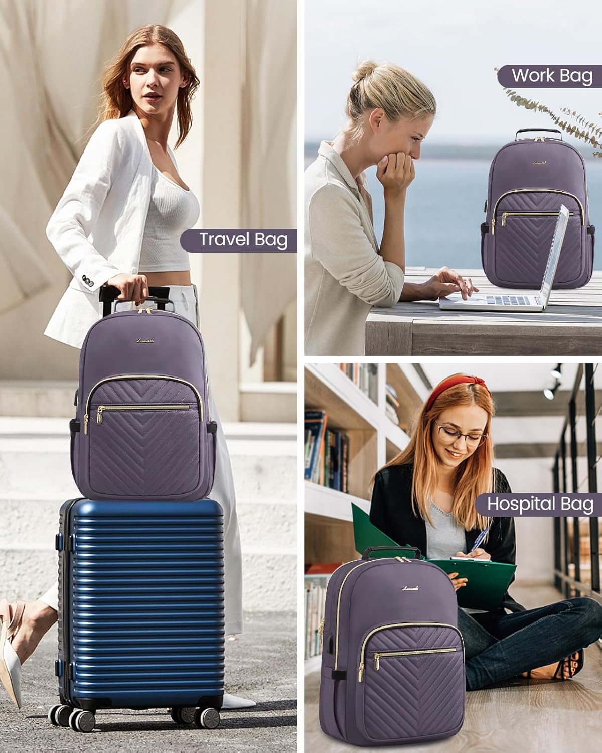 LOVEVOOK Laptop Backpack for Women, Large Capacity Travel Computer Work Bag with 17-inch Laptop Compartment, Business Nurse Backpack Purse, Hiking Outdoor Carry On Backpack, Purple Grey