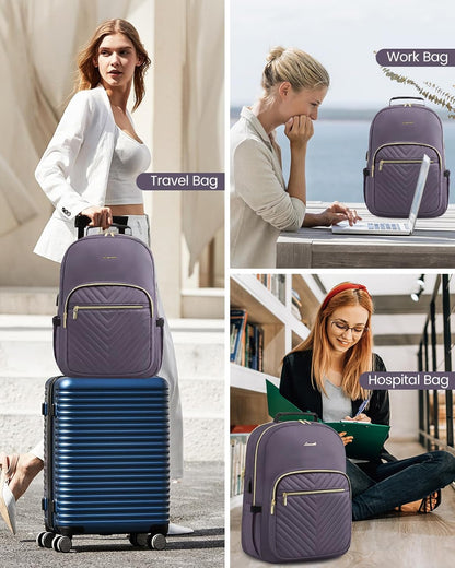 LOVEVOOK Laptop Backpack for Women, Large Capacity Travel Computer Work Bag with 17-inch Laptop Compartment, Business Nurse Backpack Purse, Hiking Outdoor Carry On Backpack, Purple Grey
