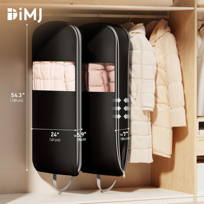 DIMJ 3 Pack 54" Garment Bags for Hanging Clothes - Space Saving Compression Suit Bag Travel with Handles Window, Washable Carry Clothing Storage Cover for Dress, Coats, Down Jacket, Shirts
