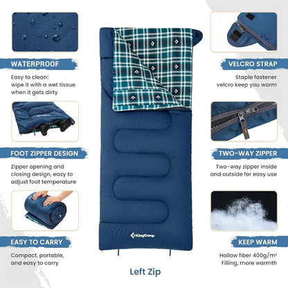 KingCamp Sleeping Bag for Adults, Cold Weather & Warm XL Big and Tall Flannel Sleeping Bags with Compression Sack Portable Waterproof Essentials Gear Accessories for Outdoor Camping