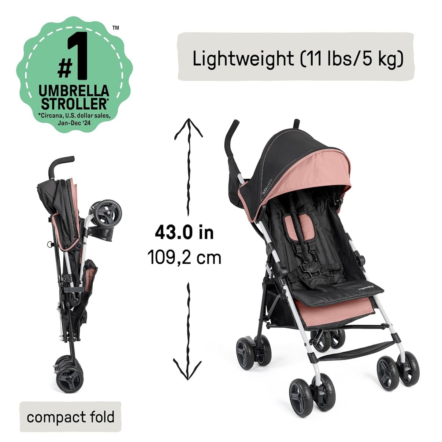 Ingenuity3D Mini Convenience Stroller – Lightweight Stroller, Compact Fold, Multi-Position Recline, Canopy with Pop Out Sun Visor and More – Umbrella Stroller for Travel, Dusty Rose Pink
