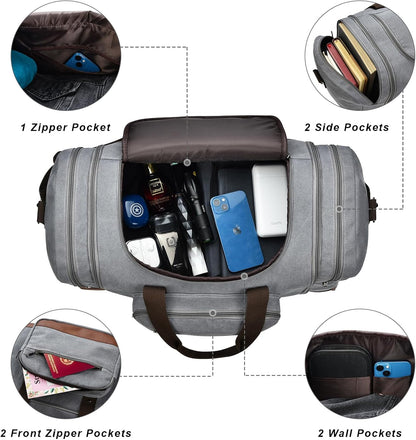 Litvyak Duffle Bag for Travel, 50L Canvas Travel Duffel Bags Overnight Weekend Gym Carry on Luggage Bag for Men & Women(Grey)