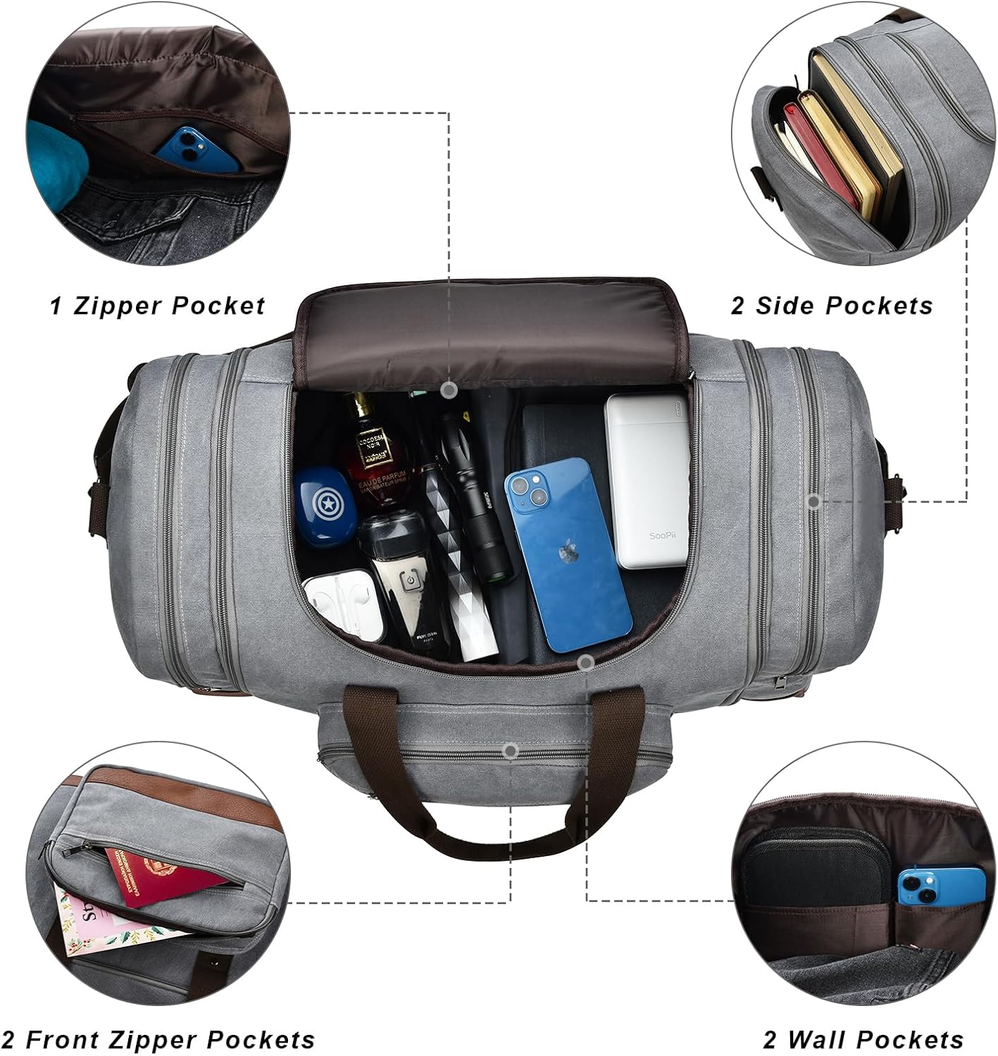 Litvyak Duffle Bag for Travel, 50L Canvas Travel Duffel Bags Overnight Weekend Gym Carry On Luggage Bag for Men & Women(Grey+Toiletry Bag)