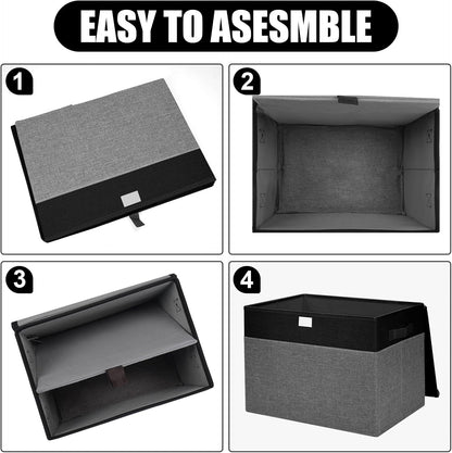 Large 17" 42 Quarts Collapsible Stackable Storage Bins with Lids [3-Pack] Foldable Fabric Linen Storage Boxes Cube, Closet Organizer Baskets with Label for Home (16.7 x 12 x 12", Black & Gray)