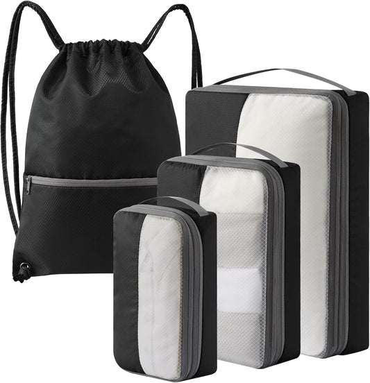 4 Set Compression Packing Cubes for Travel, Bonus Versatile Drawstring Backpack, Lightweight Luggage Organizer Bags, Sturdy Travel Accessories for Suitcase, Black