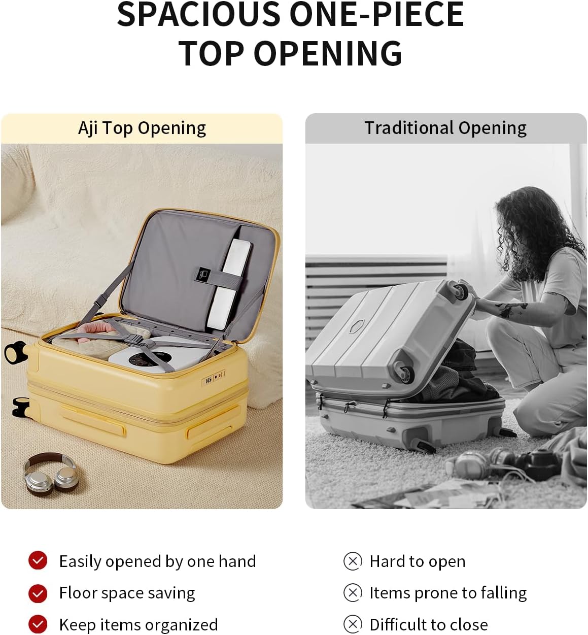 aji Expandable Top Opening Carry On Luggage Airline Approved, 20 Inch Lightweight Hardside Carry On Suitcase with Spinner Wheels, Travel Luggage with Laptop Compartment for Women Men, Cheese Yellow