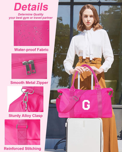 Overnight Bag for Kids Teen Girls Weekender Dance Bag Birthday Graduation Gifts,Initial Travel Duffel Bag Sports Gym Bag Personalized Weekender Bag Carry On Bags Preppy Gifts for Women(Hot Pink, G)