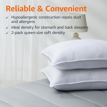 Amazon Basics Down Alternative Pillows, Soft Density for Stomach and Back Sleepers, Queen - Pack of 2, White, 30 in L x 20 in W