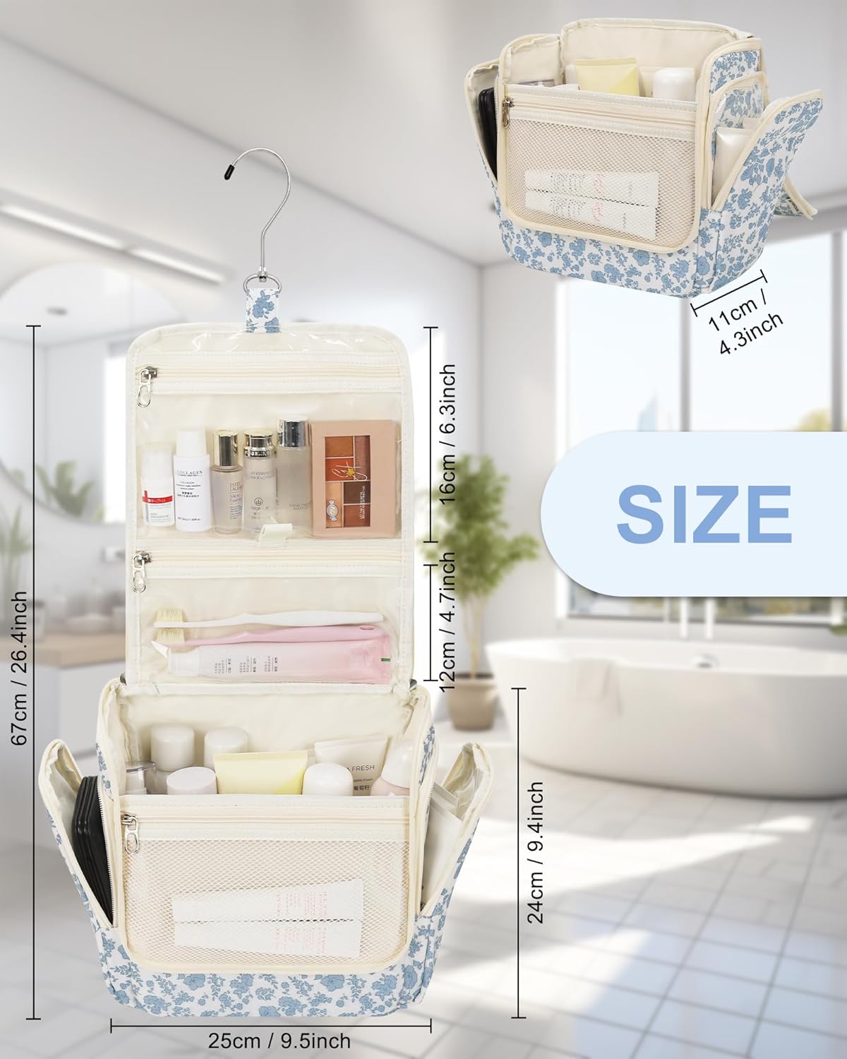 Relavel Hanging Toiletry Bag for Women Travel Makeup Bag Cosmetic Organizer Toiletries Bag for Travel Size Essentials Accessories Shower Caddy Bag for Bathroom Beach Gym, Floral Print