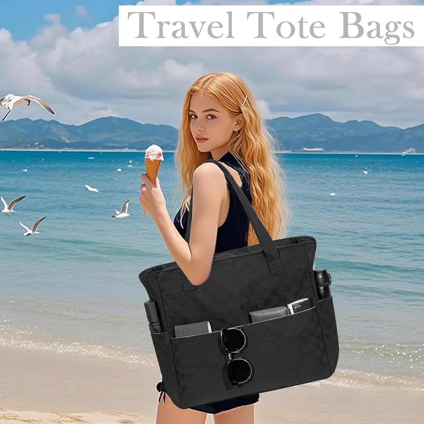 LEDAOU Beach Bag Waterproof Sandproof Women Tote Bag Pool Bag with Zipper for Gym Grocery Travel with Wet Pocket