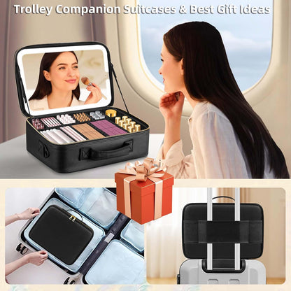 Large Travel Makeup Bag with LED Mirror, 3-Color Stepless Dimming Stand Mirror Detachable, with Adjustable Divider, Makeup Brush Holder Storage (Black)