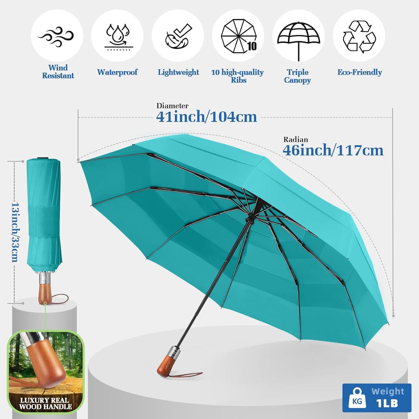 3T Wind Armor Travel Umbrella Compact Easy Auto Open Close Folding Umbrellas for Rain Windproof Umbrella for Women and Men Durable Real Wood Handle Portable Fits Backpack Car