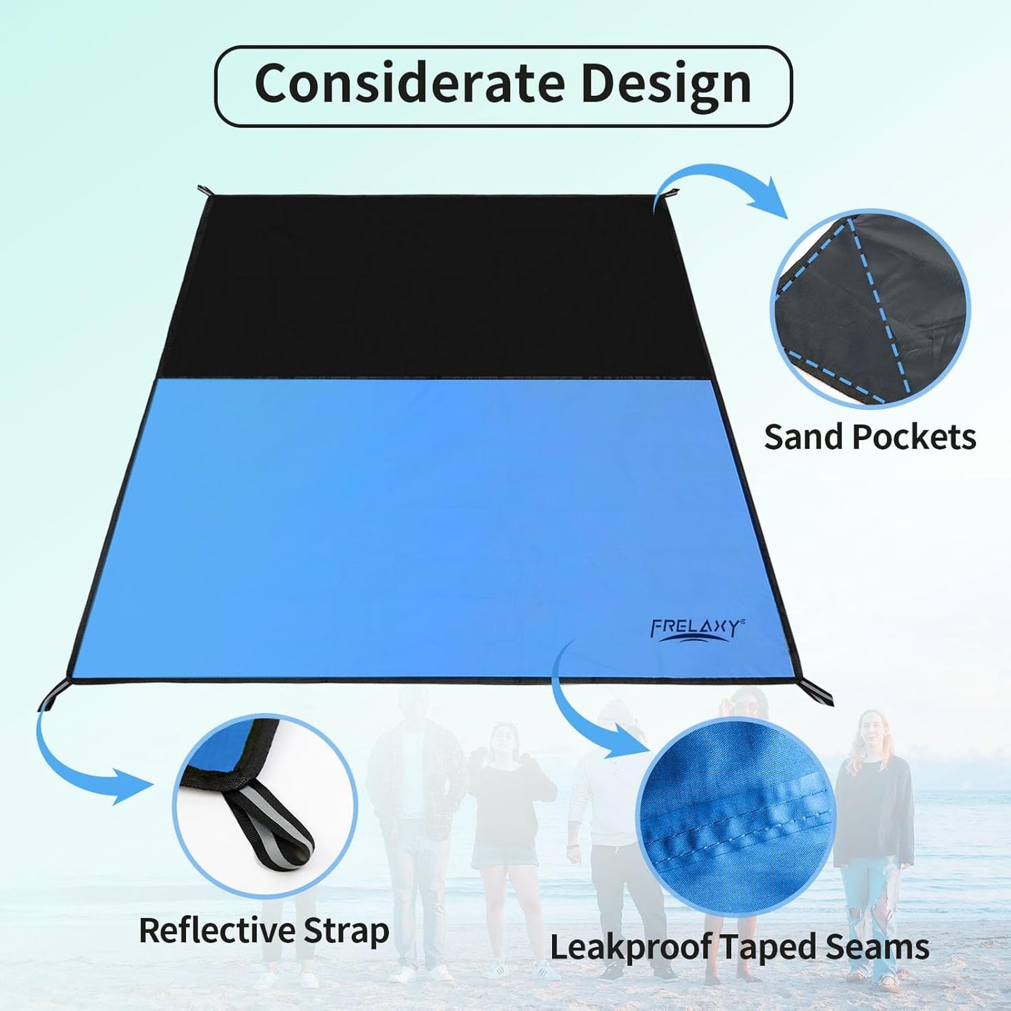 Frelaxy Pocket Picnic Blanket, Waterproof Sandproof Beach Mat, Compact Camping Tarp for Festivals, Hiking, Travel, Outdoor Recreation (Blue, 57'' x 71'')
