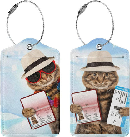 2 Pack Funny Cat Luggage Tags for Suitcases Women Men Kids, Bag Tags for Leather Luggage with Waterproof Suitcase Tags Privacy Cover Name ID Label Steel Loop for Travel Bag Suitcase (Funny Cat)