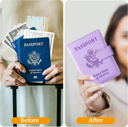 TIGARI Passport Holder for Travel Women Men, PU Leather Waterproof RFID Passport Holder Wallet Cover Case Sleeve, Family Vacation Plane Cruise Travel Document Organizer Essentials-Purple