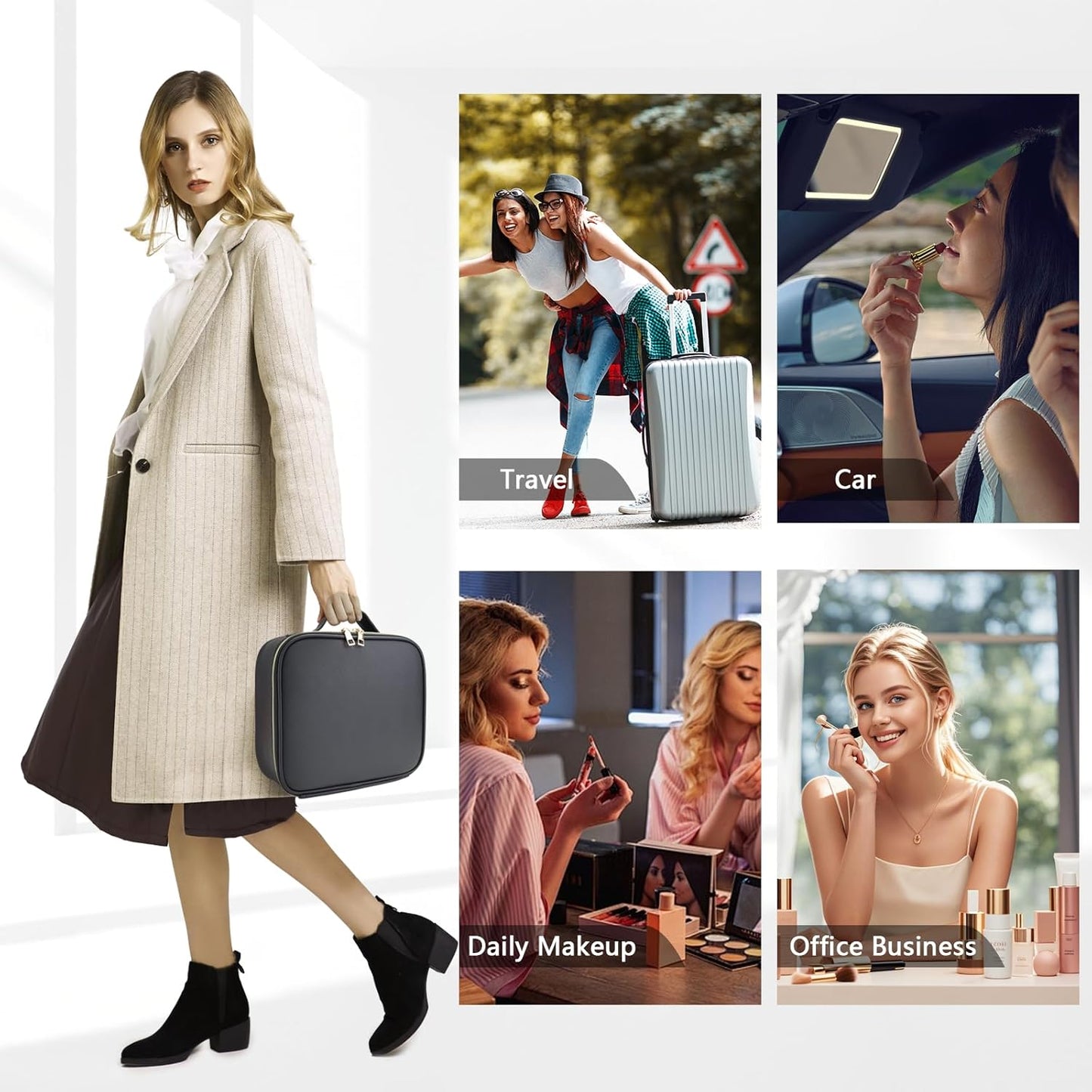 Travel Makeup Bag for Makeup Artists Large Makeup Case,with Mirror 3 Color Setting and Detachable 10x Magnifying Mirror Travel Makeup Bag,Portable Storage and Adjustable Dividers（black）