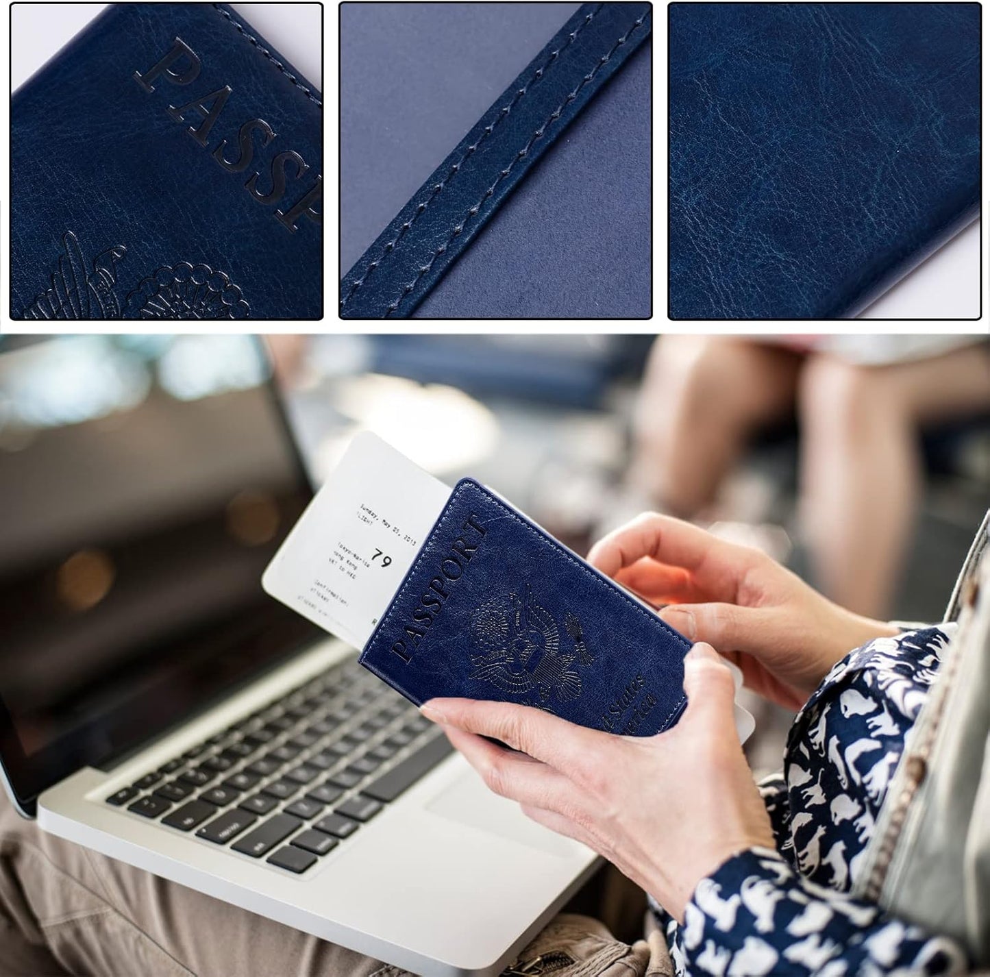 TIGARI Passport Holder for Travel Women Men, PU Leather Passport Wallet Cover Case Sleeve, Waterproof Protected Document Organizer, Family Vacation Plane Cruise Travel Essentials-Blue