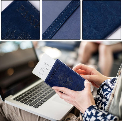 TIGARI Passport Holder for Travel Women Men, PU Leather Passport Wallet Cover Case Sleeve, Waterproof Protected Document Organizer, Family Vacation Plane Cruise Travel Essentials-Blue