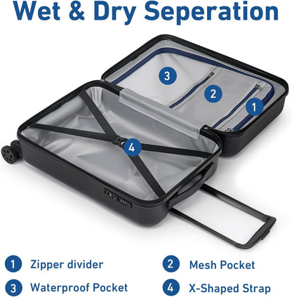 KYME Suitcase Hardshell With Double Spinner Wheels, PC+ABS TSA Lock Travel Luggage (Black, 20" Carry On)