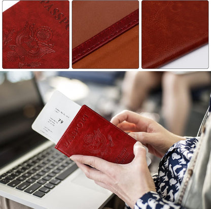 TIGARI Passport Holder for Travel Women Men, PU Leather Passport Wallet Cover Case Sleeve, Waterproof Protected Document Organizer, Family Vacation Plane Cruise Travel Essentials-Red