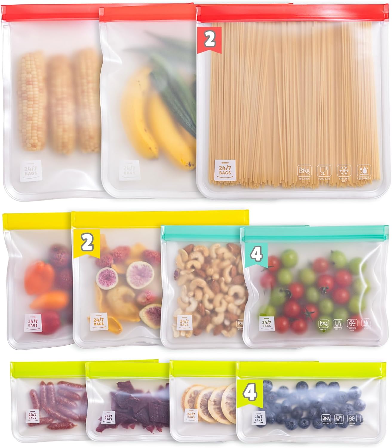 12 Pack Variety Reusable Food Storage Bags, Food Grade Silicone PEVA Material, Double Zipper, Freezer Safe, BPA-Free (4 Snack, 4 Sandwich, 2 Quart, 2 Gallon)