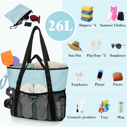 Beach Bag with Zipper - 8 Pockets Sandproof Beach Tote Bag for Women,Foldable Lightweight Family Swim Bag Vacation